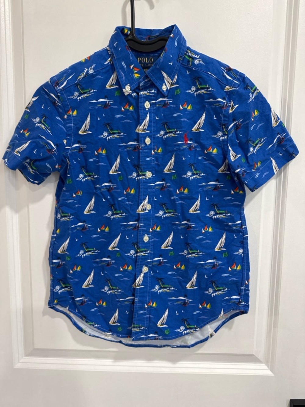 Polo Ralph Lauren Boys 8 Blue Sailboat Print Button Down Shirt Short Sleeve